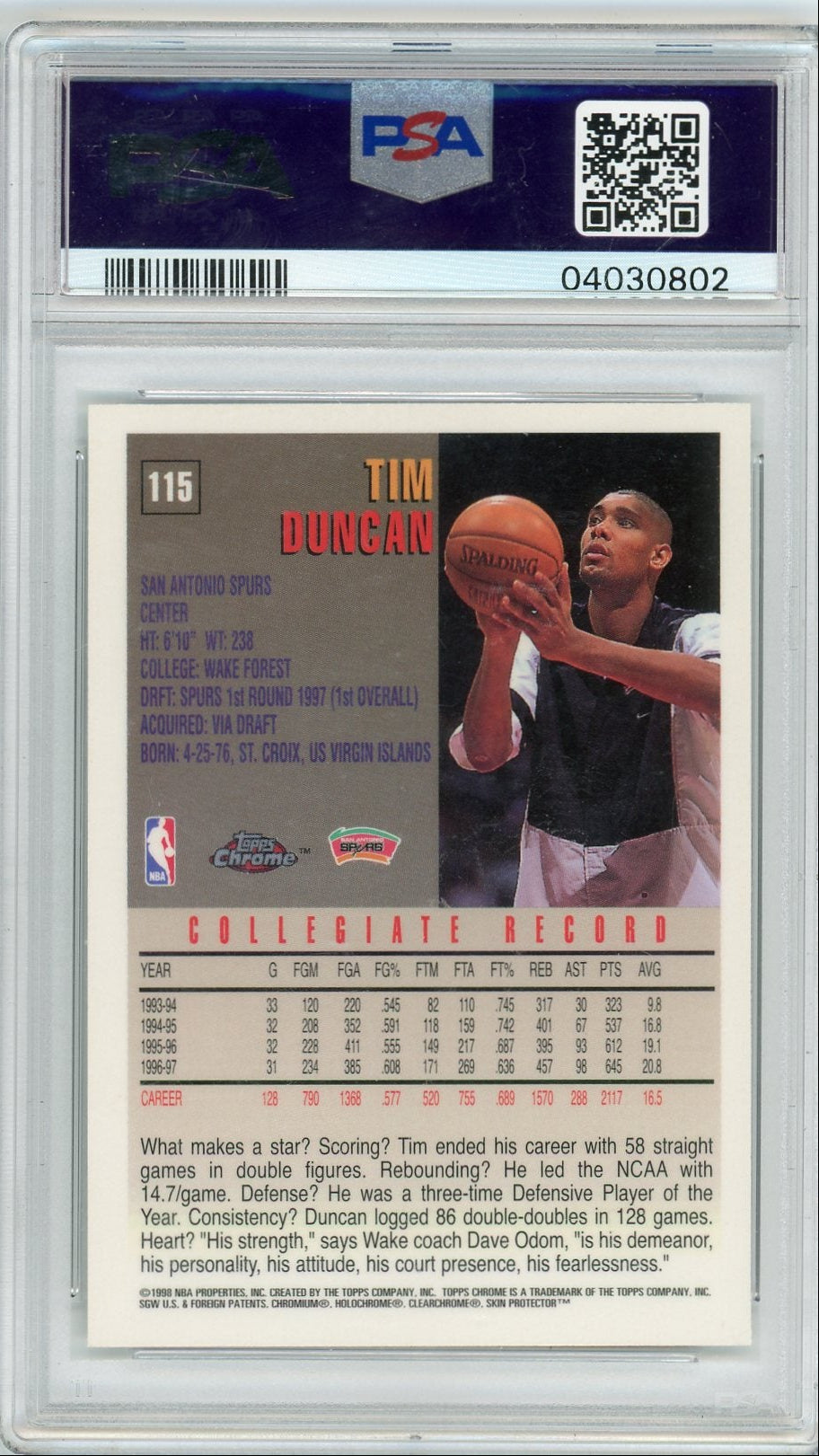 Tim Duncan 1997-98 Topps Chrome RC #115 PSA 10
