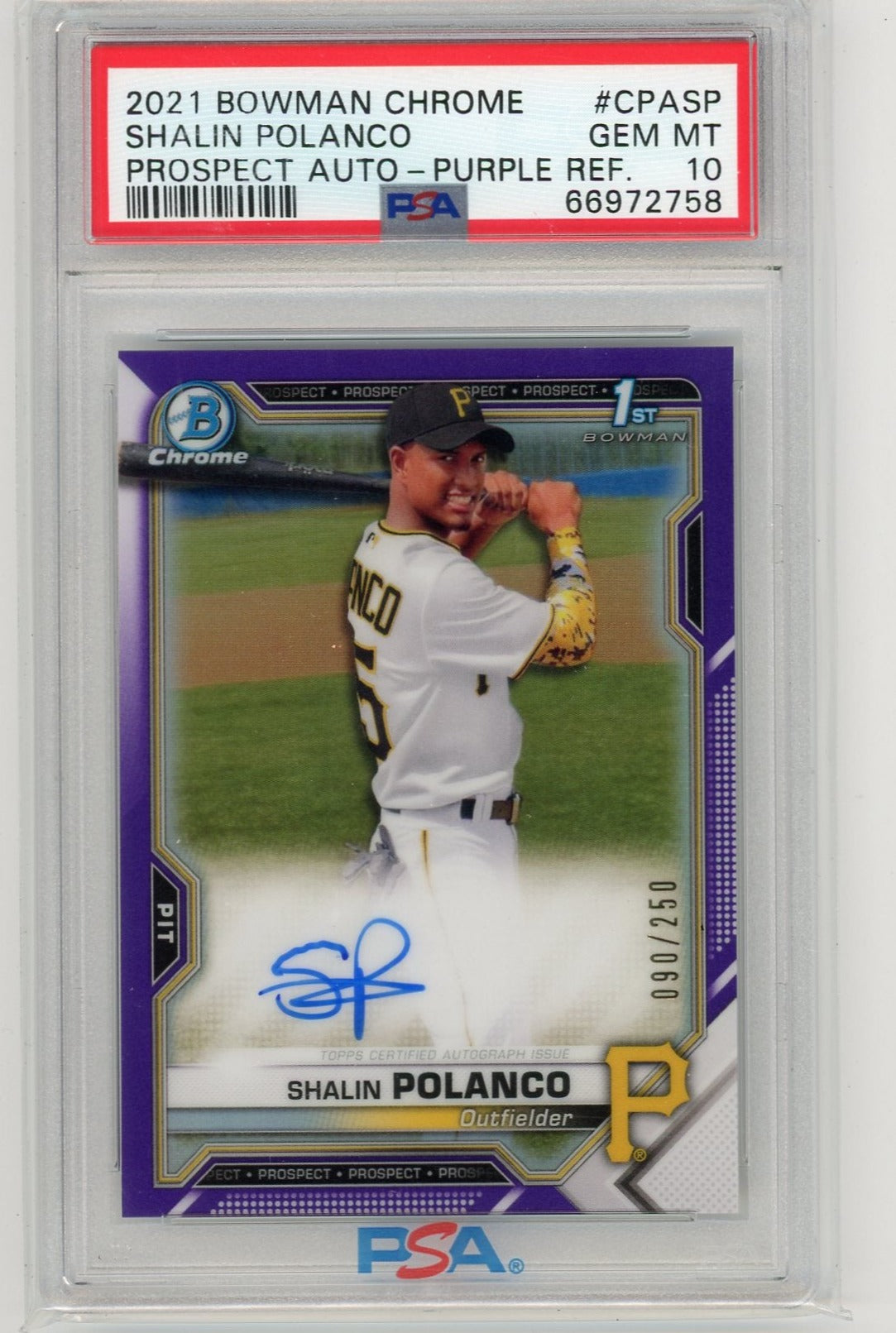 Shalin Polanco 2021 1st Bowman Chrome purple refractor autograph #'d 090/250 PSA 10