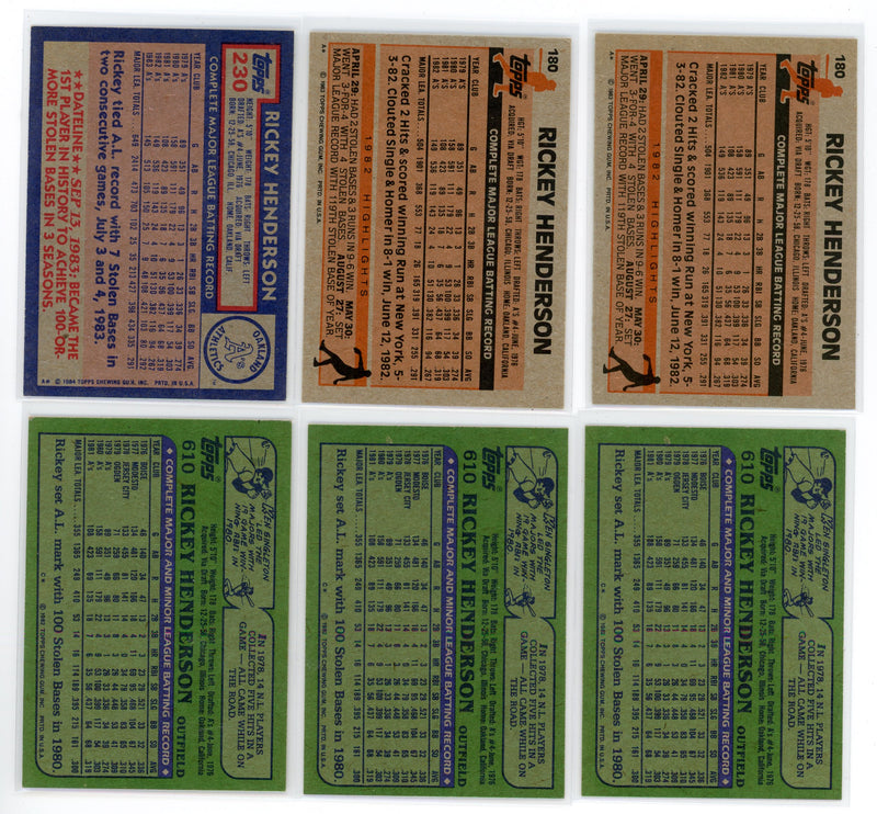 Rickey Henderson 6 Card Lot 1982x3 1983x2 1984x1