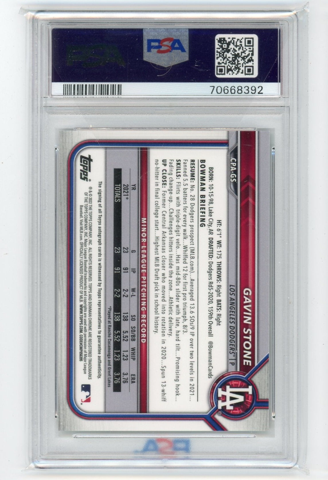 Gavin Stone 2022 1st Bowman Chrome speckle ref. autograph #'d 032/299 PSA 10