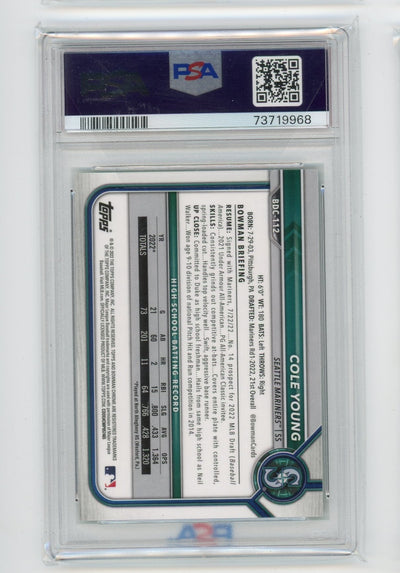 Cole Young 2022 1st Bowman Draft Sapphire Ed. green #'d 12/50 PSA 9