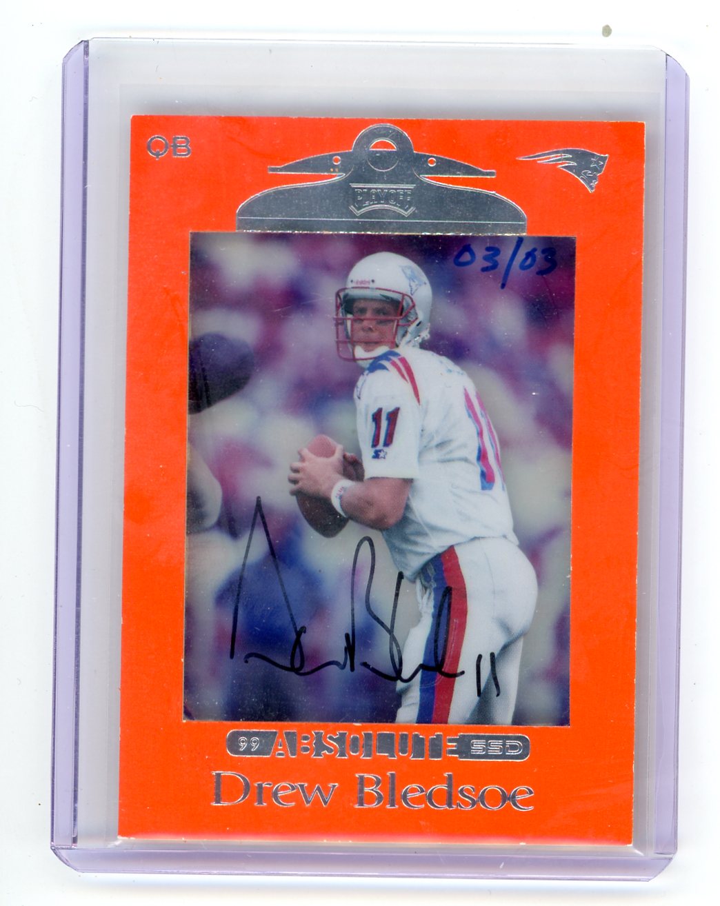 Drew Bledsoe 1999 Playoff Absolute Orange Honors Buyback Auto #'d 03/03