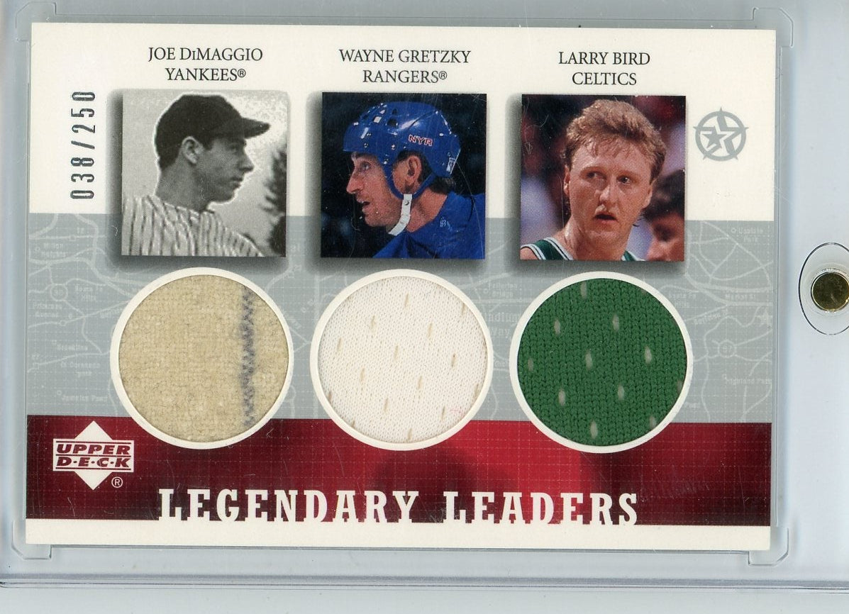 Joe DiMaggio Wayne Gretzky Larry Bird 2003 Upper Deck Legendary Leaders triple relic #'d 038/250