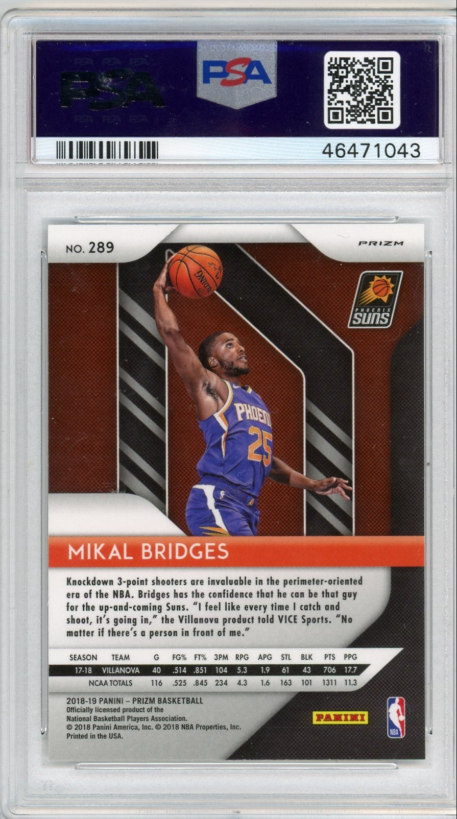 Mikal Bridges 2018 Panini Prizm silver prizm RC PSA 10