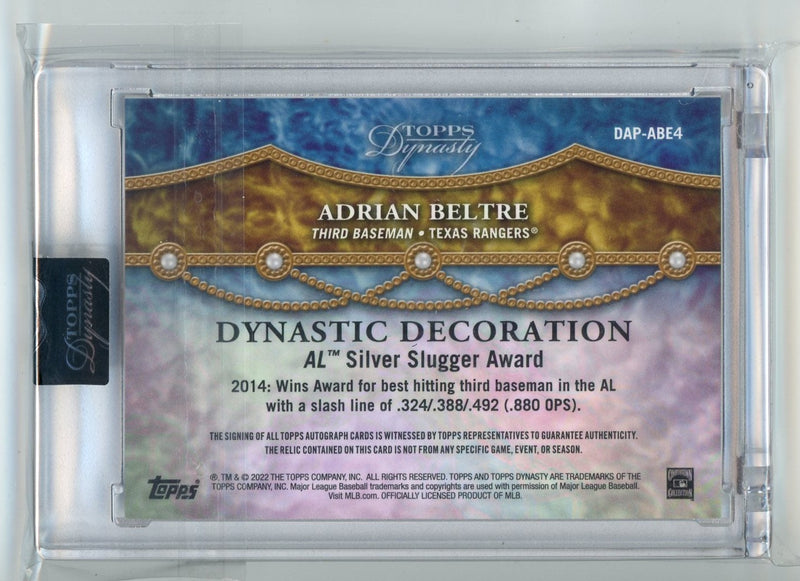 Adrian Beltre 2022 Topps Dynasty Dynastic Decoration relic autograph 