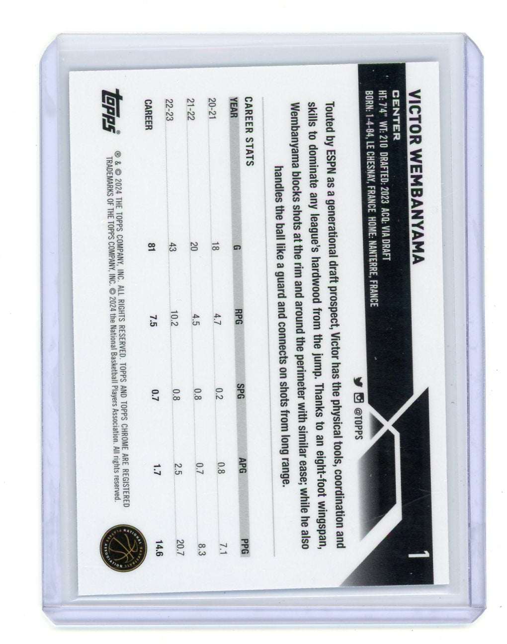 Victor Wembanyama 2023 Topps Chrome Basketball Rookie Card #1