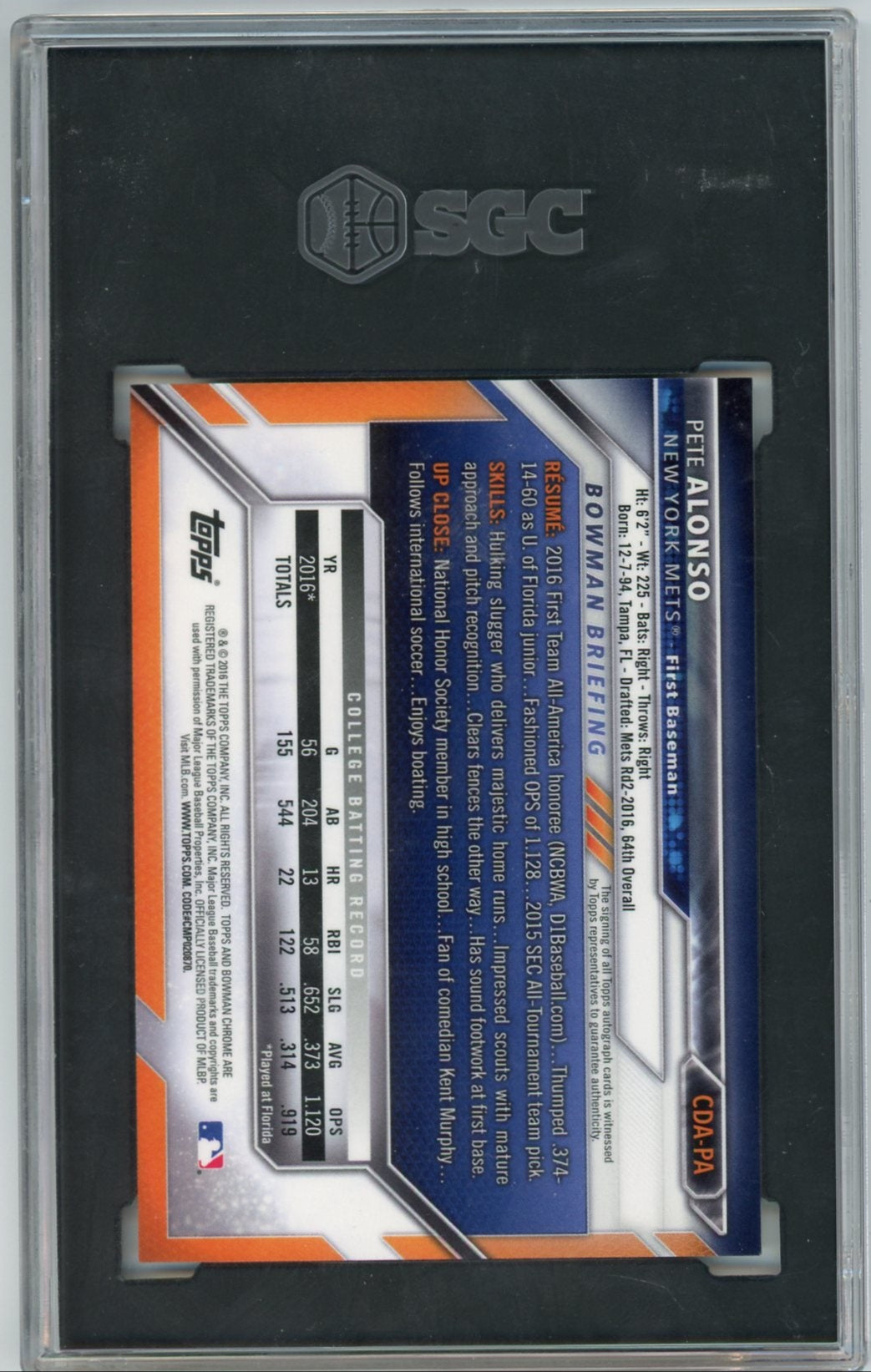 Pete Alonso 2016 1st Bowman Chrome Draft autograph SGC 9 AUTO 10