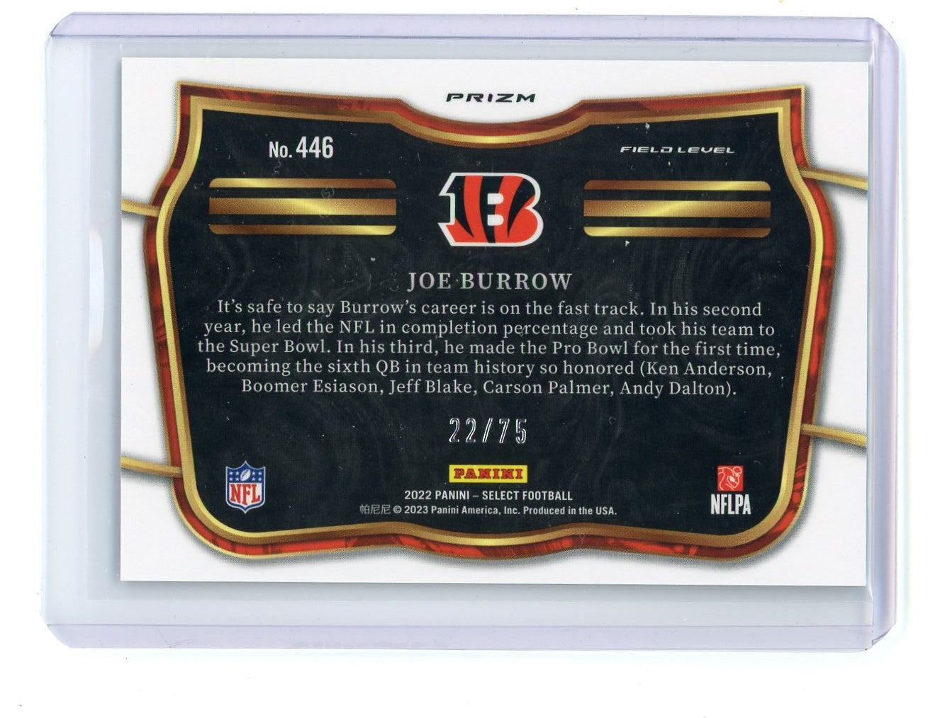 Joe Burrow 2022 Select Field Level Tri-Color Prizm 22/75