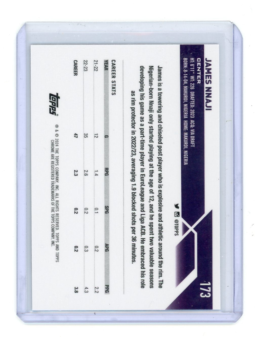 James Nnaji 2023 Topps Chrome Basketball Gold Refractor RC #'d 42/50