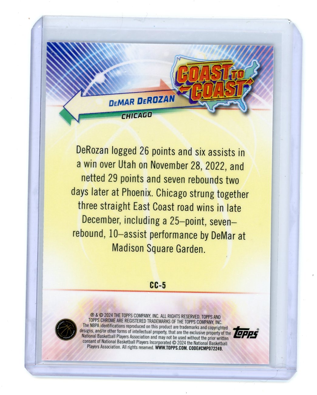 DeMar DeRozan 2023 Topps Chrome Basketball Coast To Coast Gold Refractor #'d 27/50