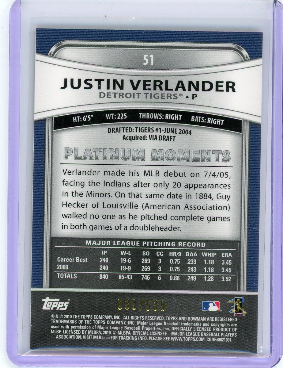 Justin Verlander 2010 Bowman Platinum Gold Foilboard #'d 039/539