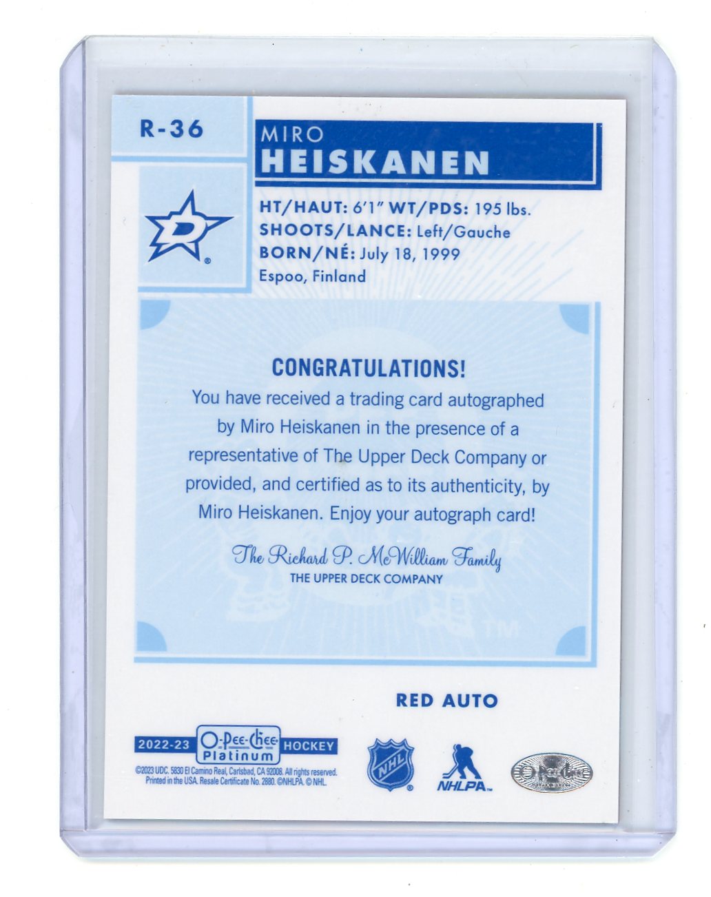 Miro Heiskanen 2023 Upper Deck O-Pee-Chee Platinum Red Auto