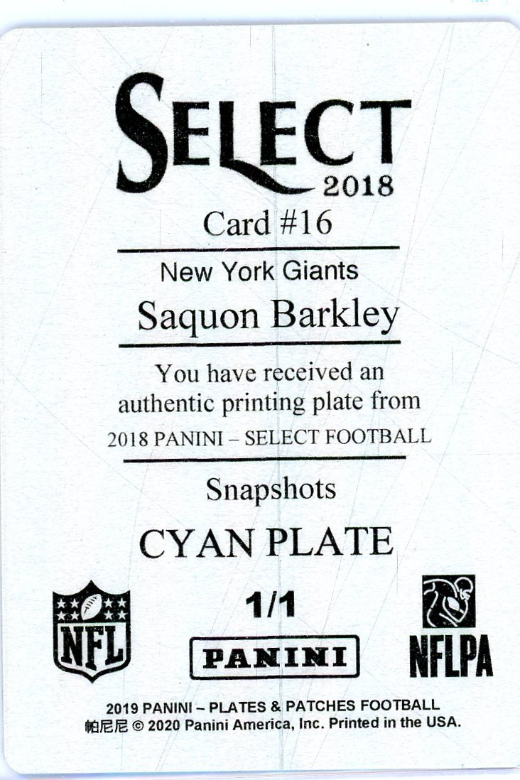 Saquon Barkley 2019 Panini Plates & Patches Select Snapshots Cyan Plate #'d 1/1