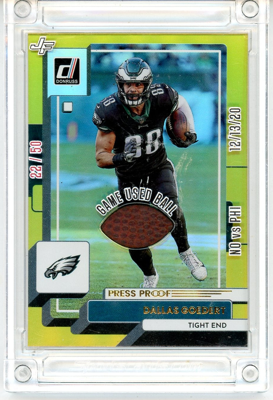 Dallas Goedert Jersey Fusion Game Dated Ball /50 Donruss Press Proof Gold