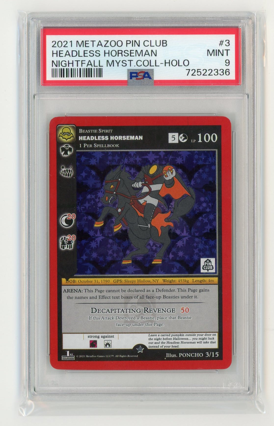 Headless Horseman 2021 MetaZoo Pin Club NightFall Mystery Collection Holo PSA 9