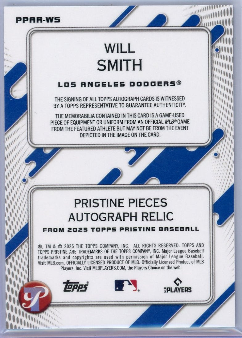 Will Smith 2025 Topps Pristine Blue Refractor Game-Used Mem and On Card Auto #'d 58/75