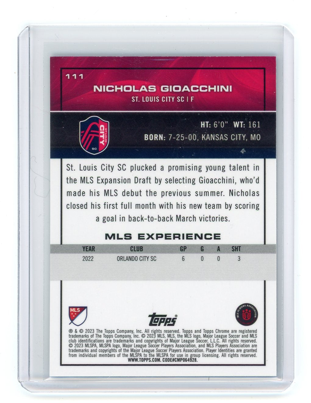 Nicholas Gioacchini 2023 Topps Chrome MLS blue wave refractor rookie card #'d 059/199