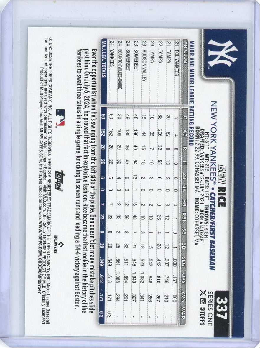 Ben Rice 2025 Topps Series 1 speckle rookie card