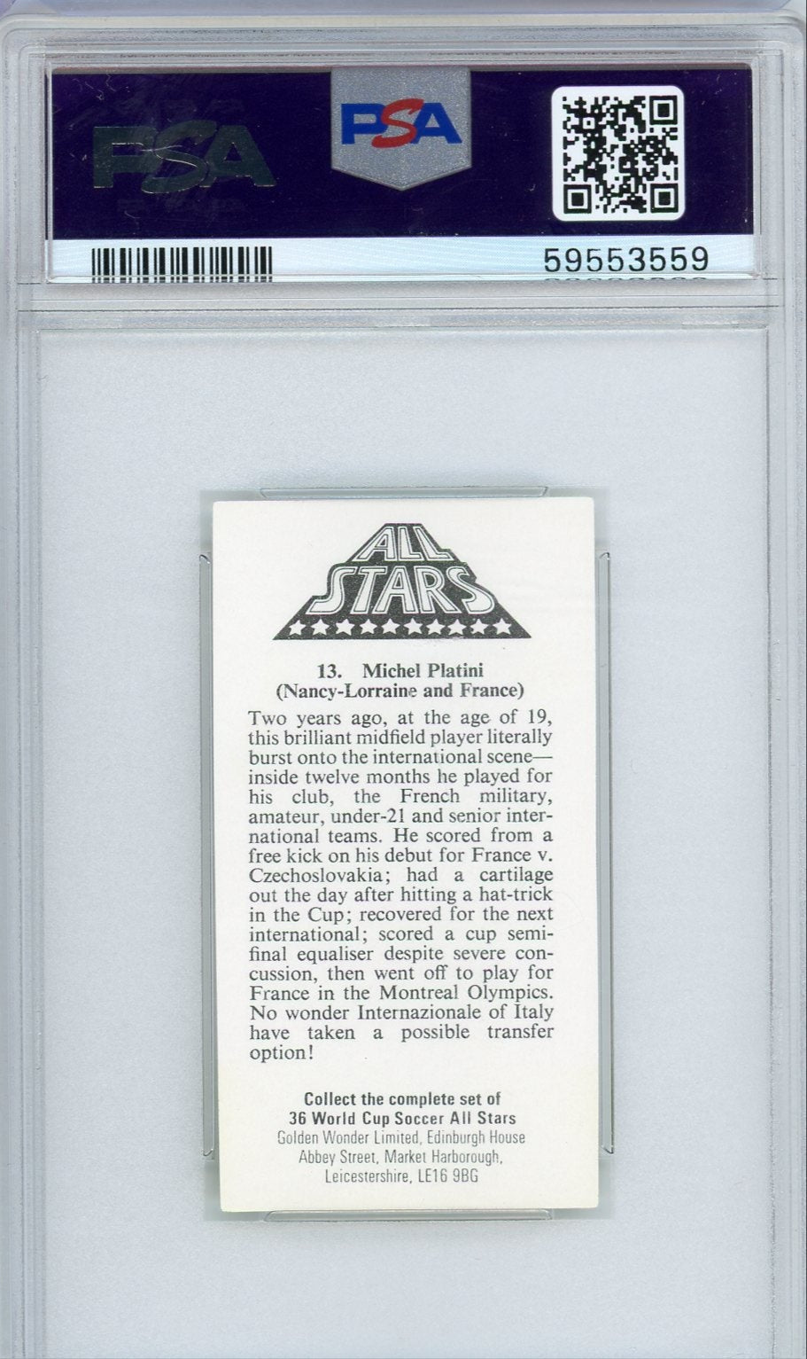 Michel Platini 1978 Golden Wonder World Cup Soccer A/S PSA 9