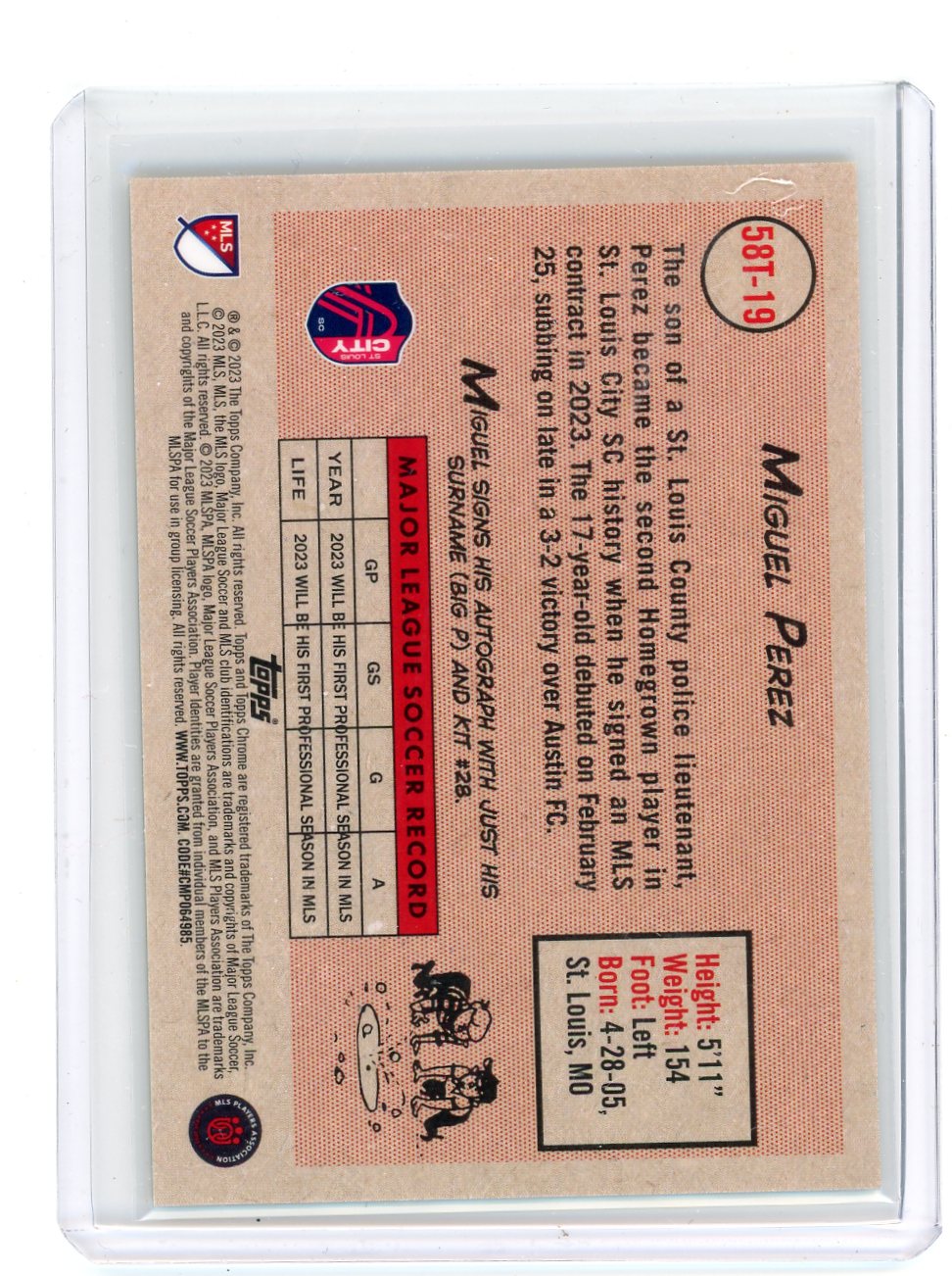 Miguel Perez 2023 Topps Chrome MLS 1958 Topps gold refractor rookie card #'d 23/50