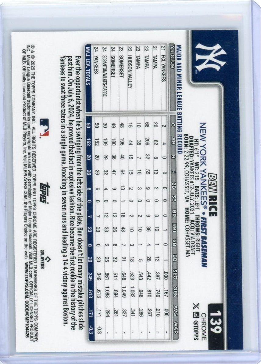 Ben Rice 2025 Topps Chrome Logofractor Rookie Card #139