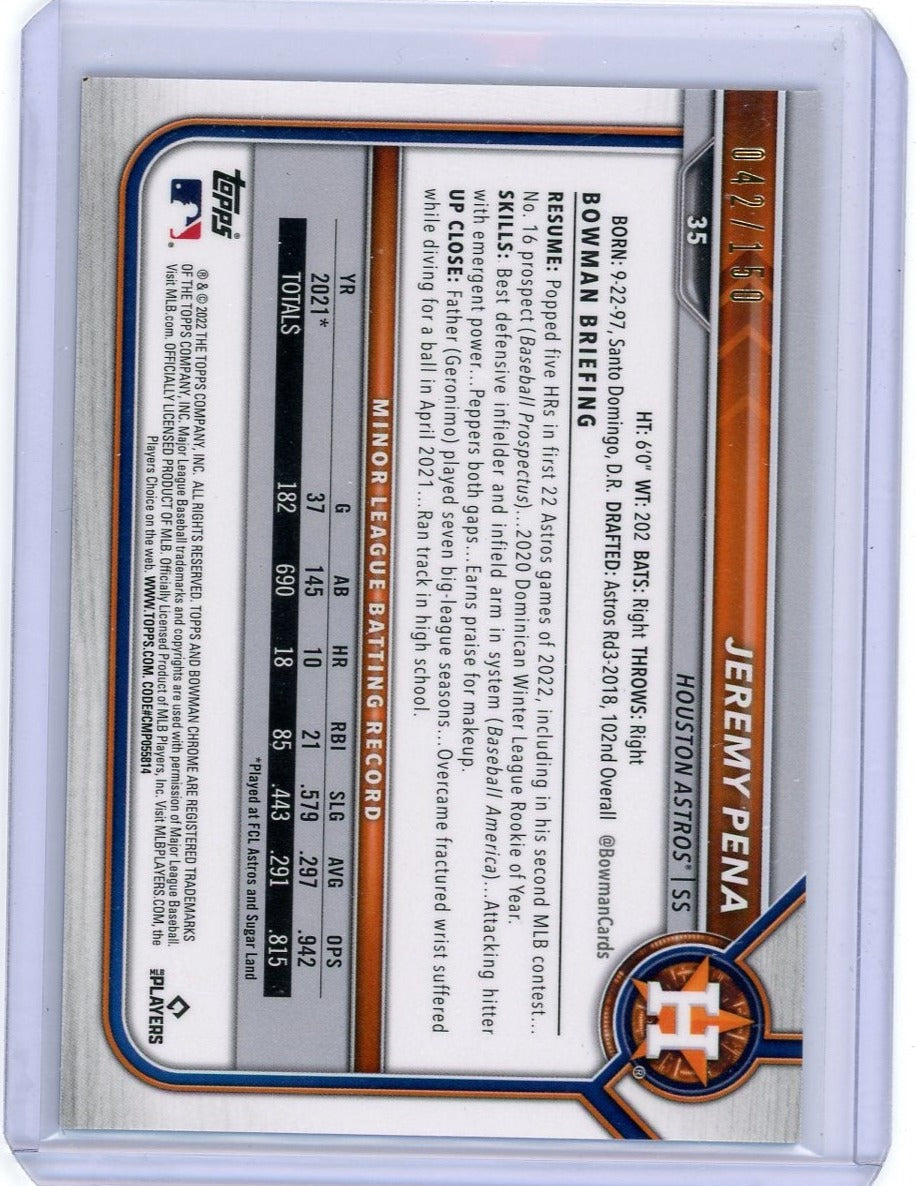 Jeremy Pena 2022 Bowman Chrome blue refractor rookie card #'d 042/150