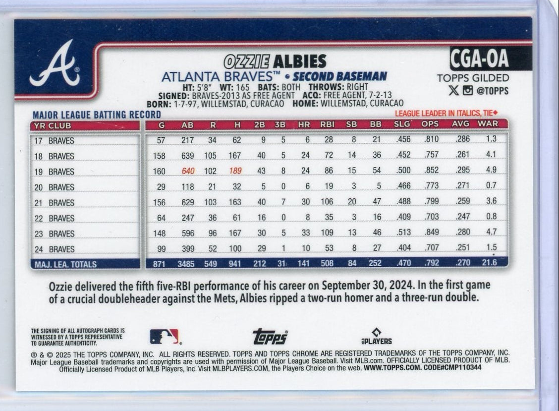 Ozzie Albies 2025 Topps Chrome Gilded Auto Blue Gold #'d 22/75