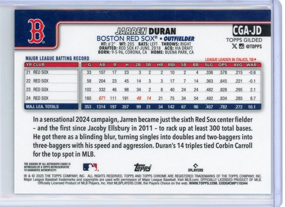 Jarren Duran 2025 Topps Chrome Gilded Blue Gold Auto #'d 08/75