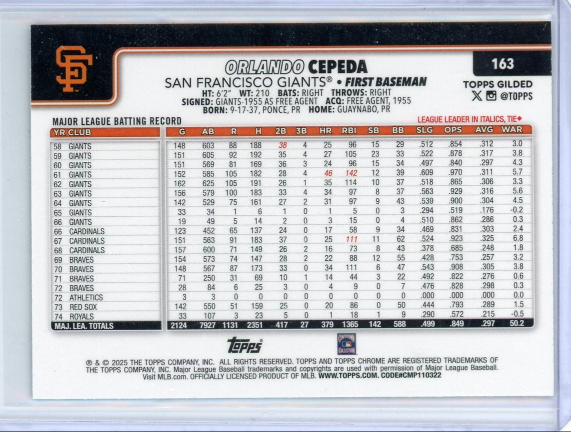 Orlando Cepeda 2025 Topps Chrome Gilded Blue Gold #'d 46/99