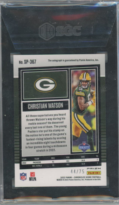 Christian Watson 2022 Panini Chronicles Score Premium autograph rookie card #'d 44/75 SGC 9.5