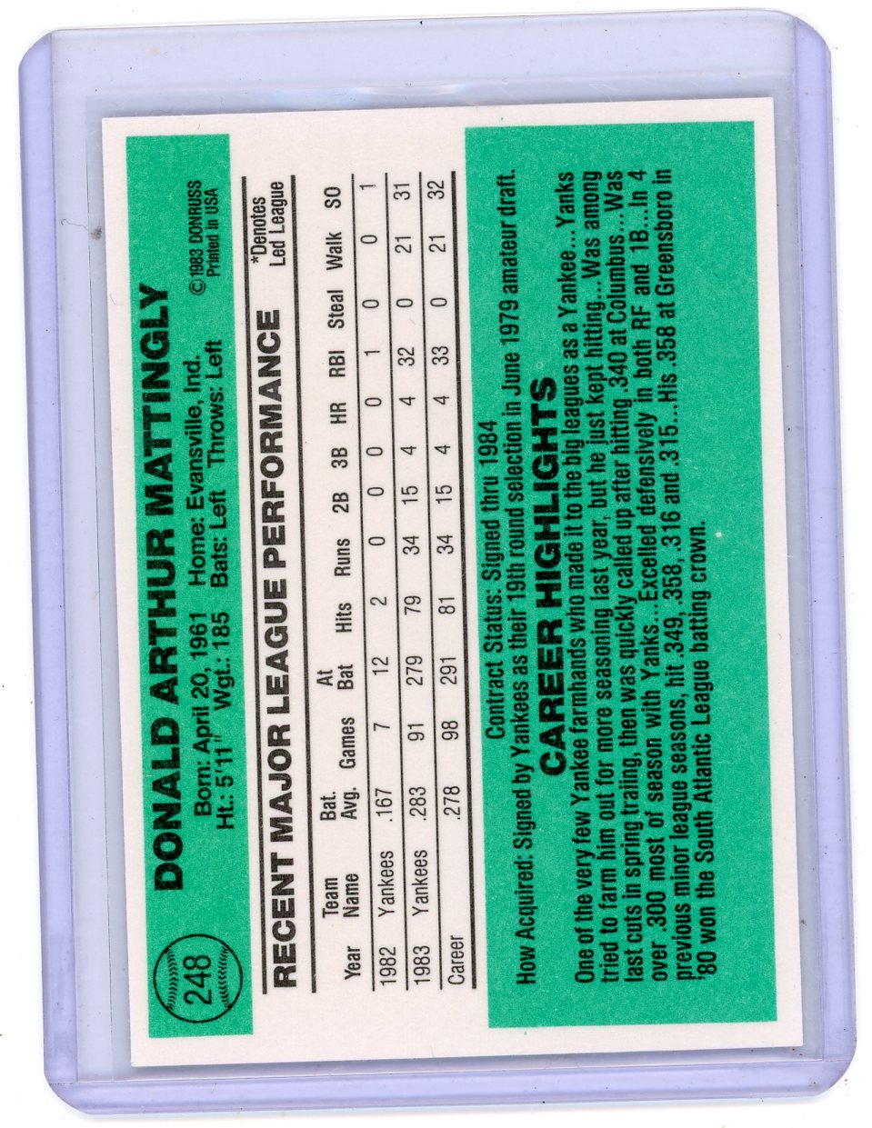 Don Mattingly 1984 Donruss #248