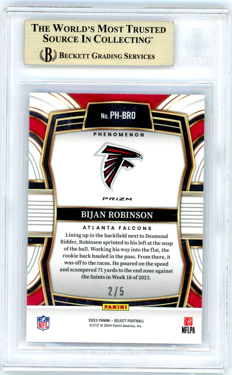 Bijan Robinson 2023 Panini Select Phenomenon Prizm Green #'d 2/5 BGS 9.5