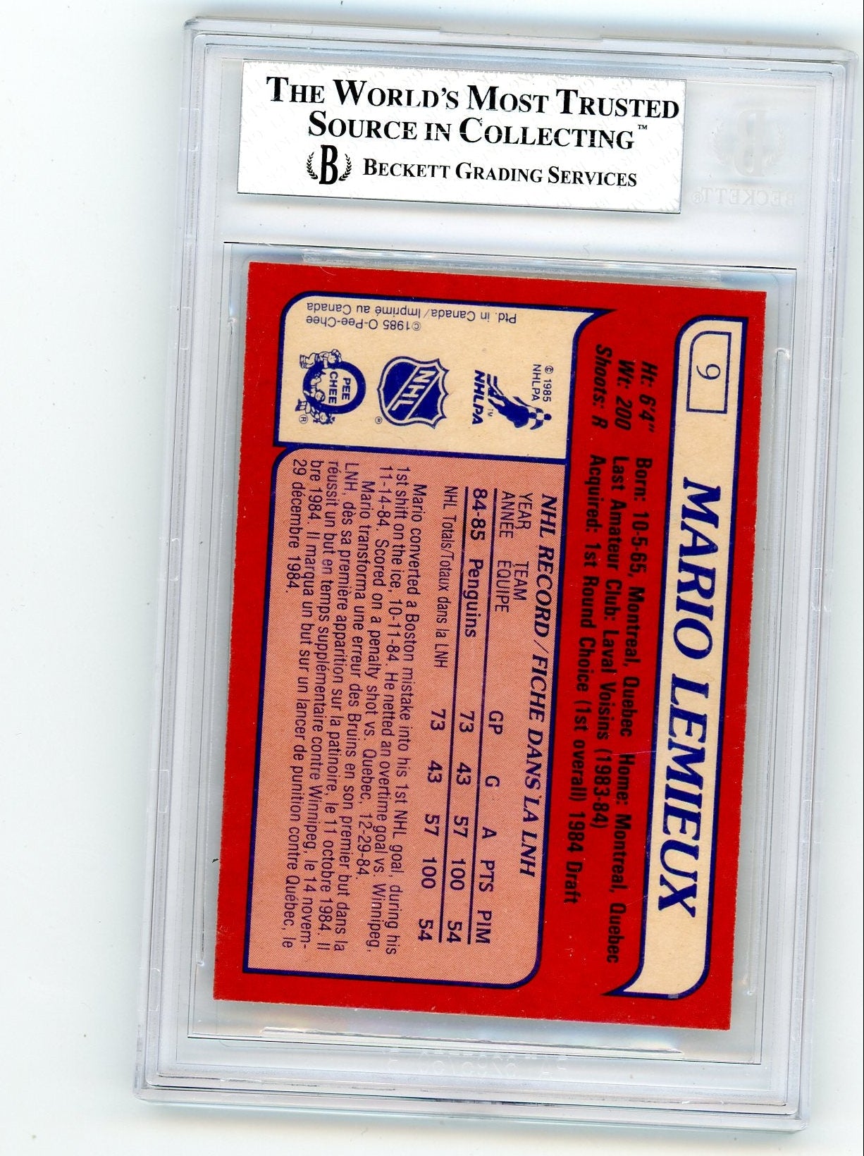 Mario Lemieux 1985 Topps Rookie Card #9 BGS 8