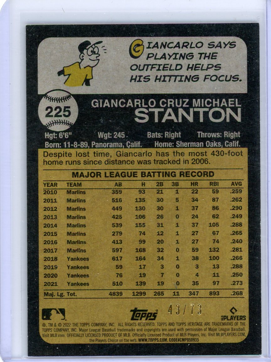 2022 Topps Heritage #225 Giancarlo Stanton New York Yankees NM-MT MLB  Baseball