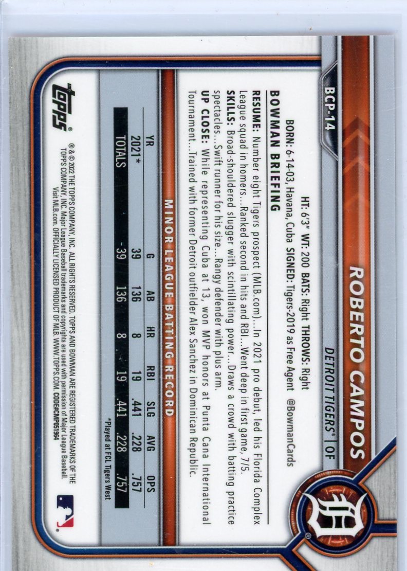 Roberto Campos 2022 1st Bowman Chrome Sapphire Ed. orange 