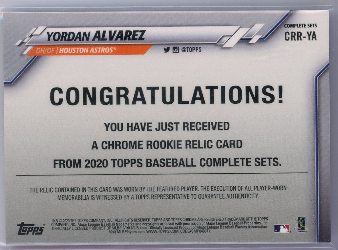 Yordan Alvarez 2020 Topps Chrome Silver Rookie Relic #CRR-YA