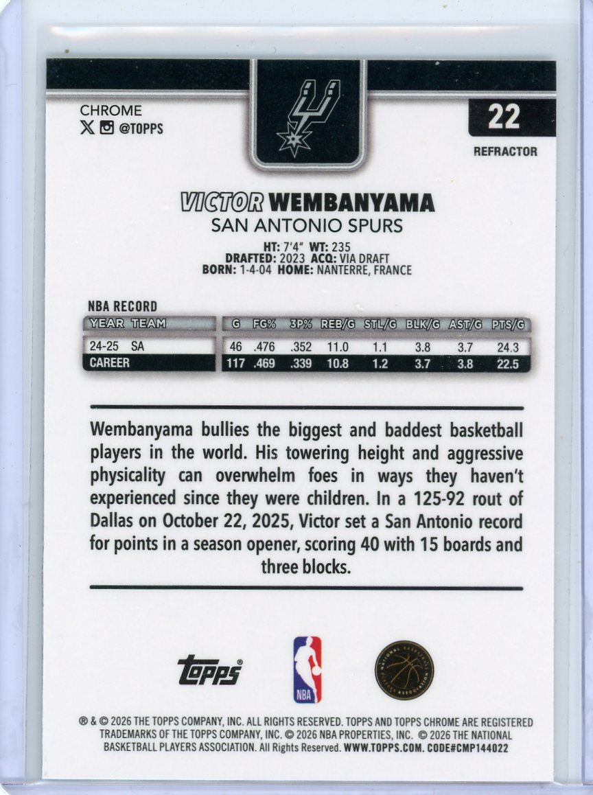Victor Wembanyama 2025-26 Topps Chrome Update Refractor