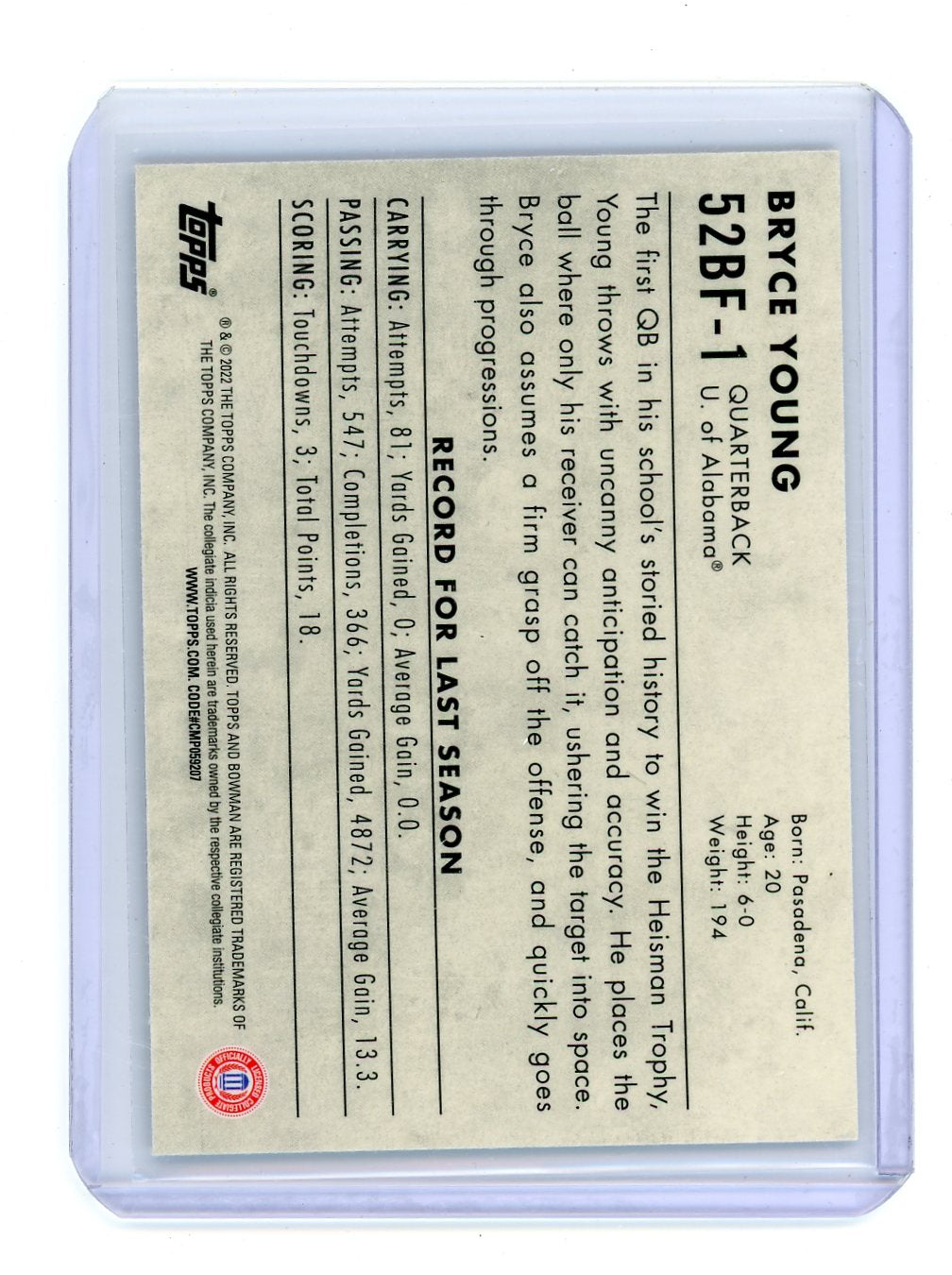 Bryce Young 2022 Bowman Chrome University '52 insert