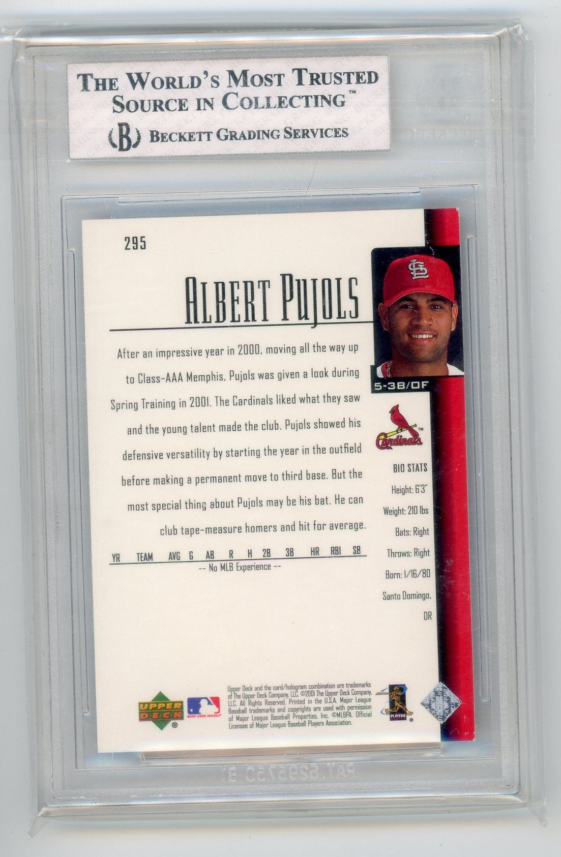 Albert Pujols 2001 Upper Deck rookie card BGS 8