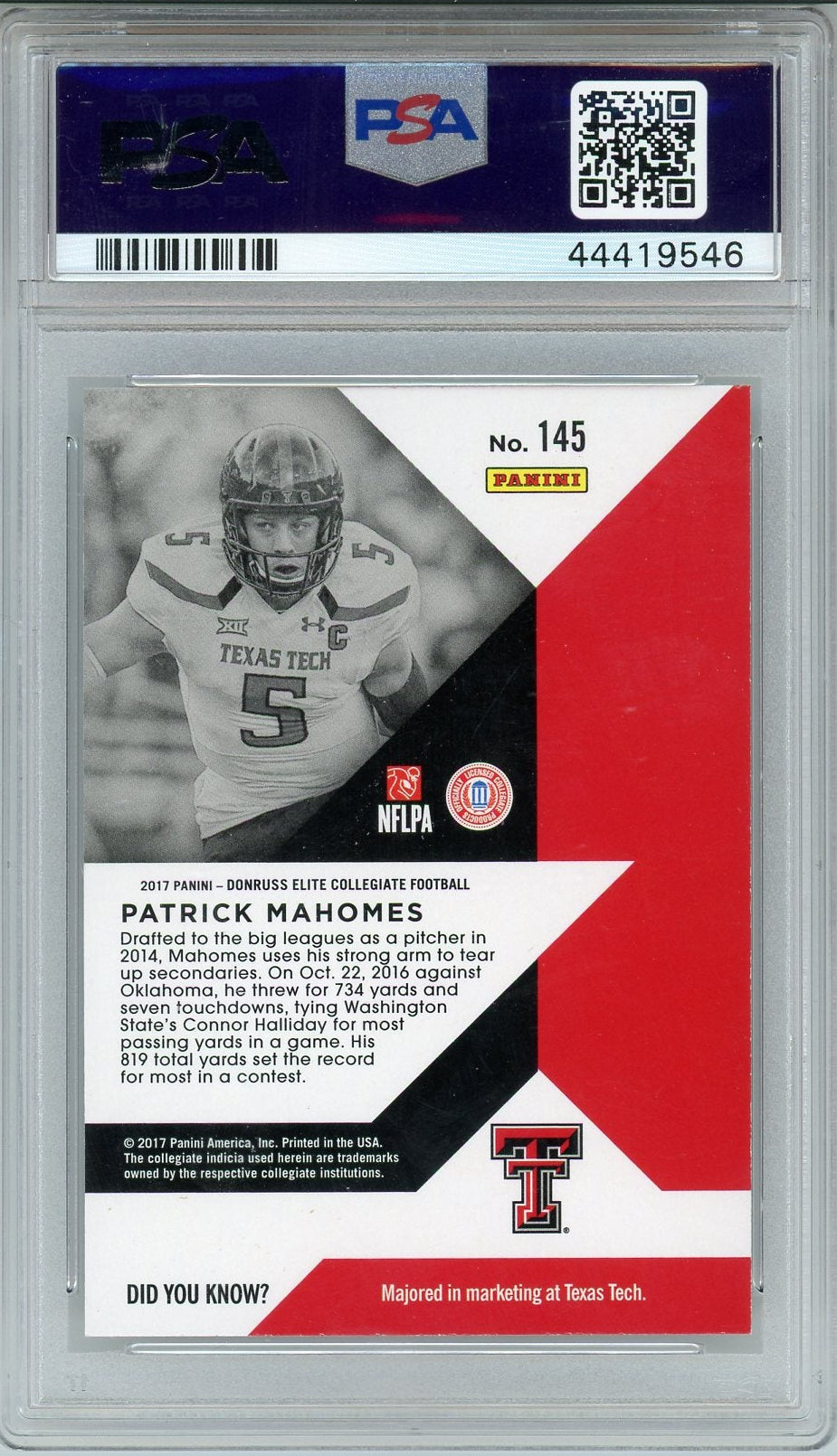 Patrick Mahomes II 2017 Panini Elite Draft Picks rookie card PSA 9