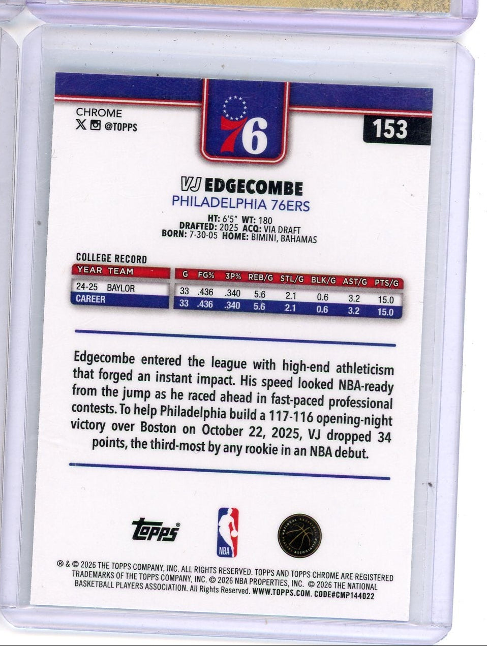 VJ Edgecombe 2025-26 Topps Chrome Update X-Fractor