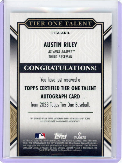 Austin Riley 2023 Topps Tier One Talent autograph bronze signature #'d 20/25
