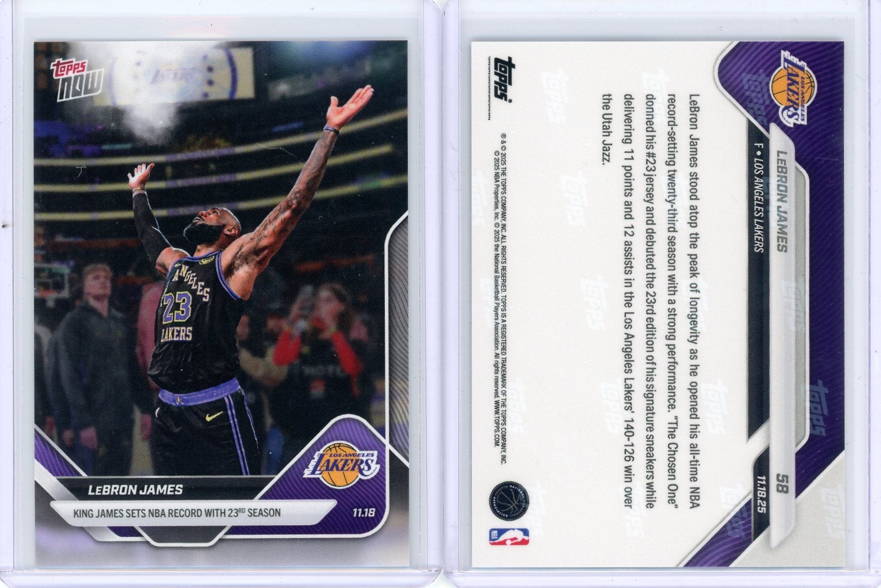 LeBron James 2025 NBA Topps Now #58 "King James Sets NBA Record with 23rd Season"