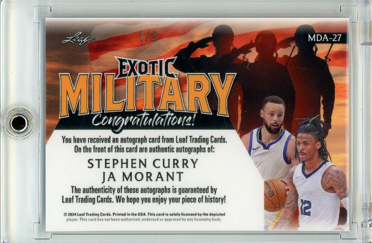 Stephen Curry / Ja Morant 2024 Leaf Exotic Military Dual Autograph #'d 1/2