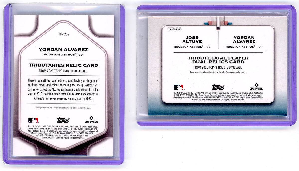 Jose Altuve & Yordan Alvarez 2026 Topps Tribute Dual Patch Relic #'d 059/150