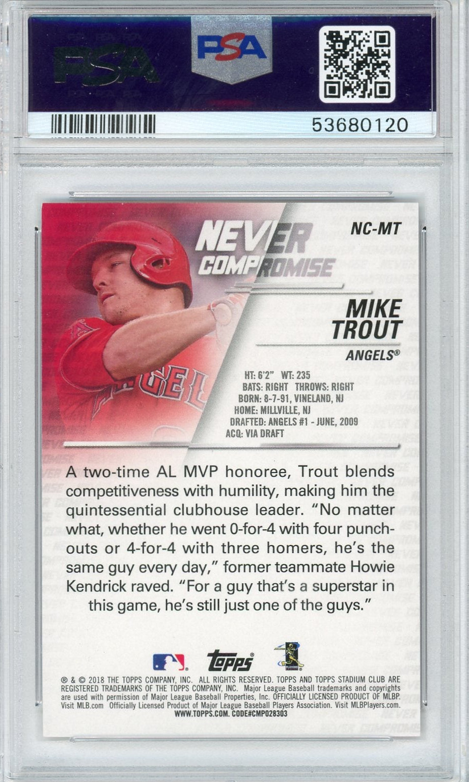 Mike Trout 2018 Topps Stadium Club Never Compromise black #'d 63/99 PSA 9