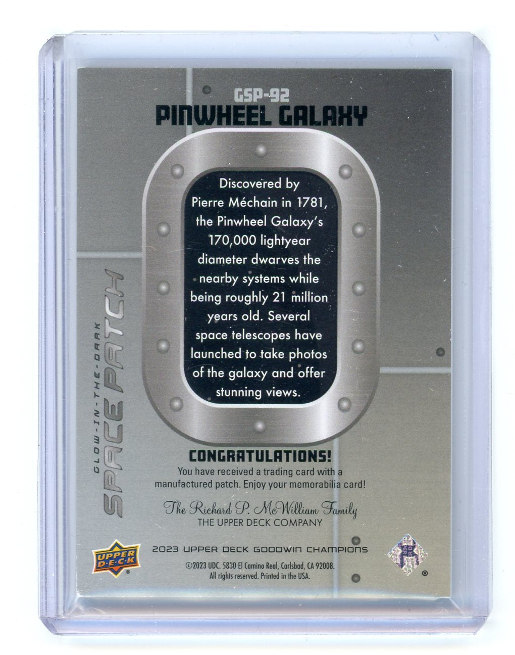 Pinwheel Galaxy 2023 Upper Deck Goodwin Champions Glow-in-the-Dark Space Patch Tier 4 SSP #GSP-92