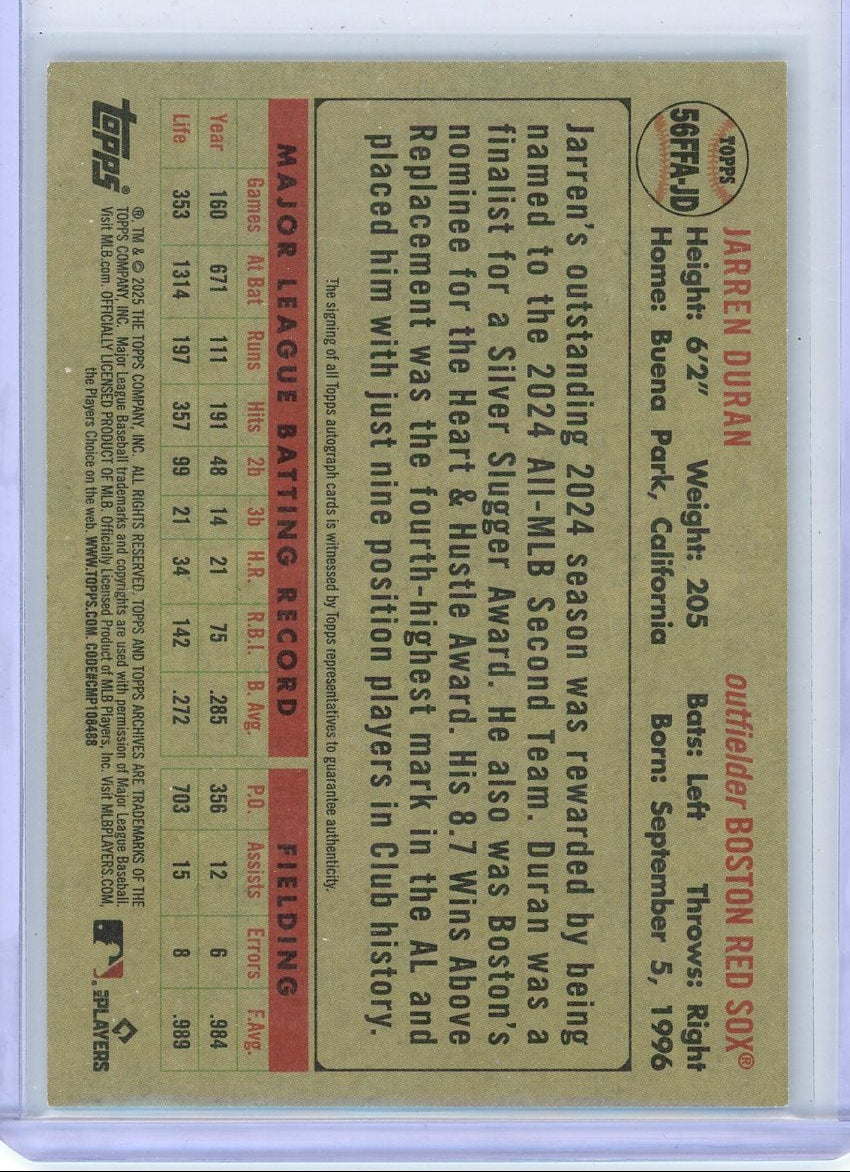 Jarren Duran 2025 Topps Archives Fan Favorites autograph