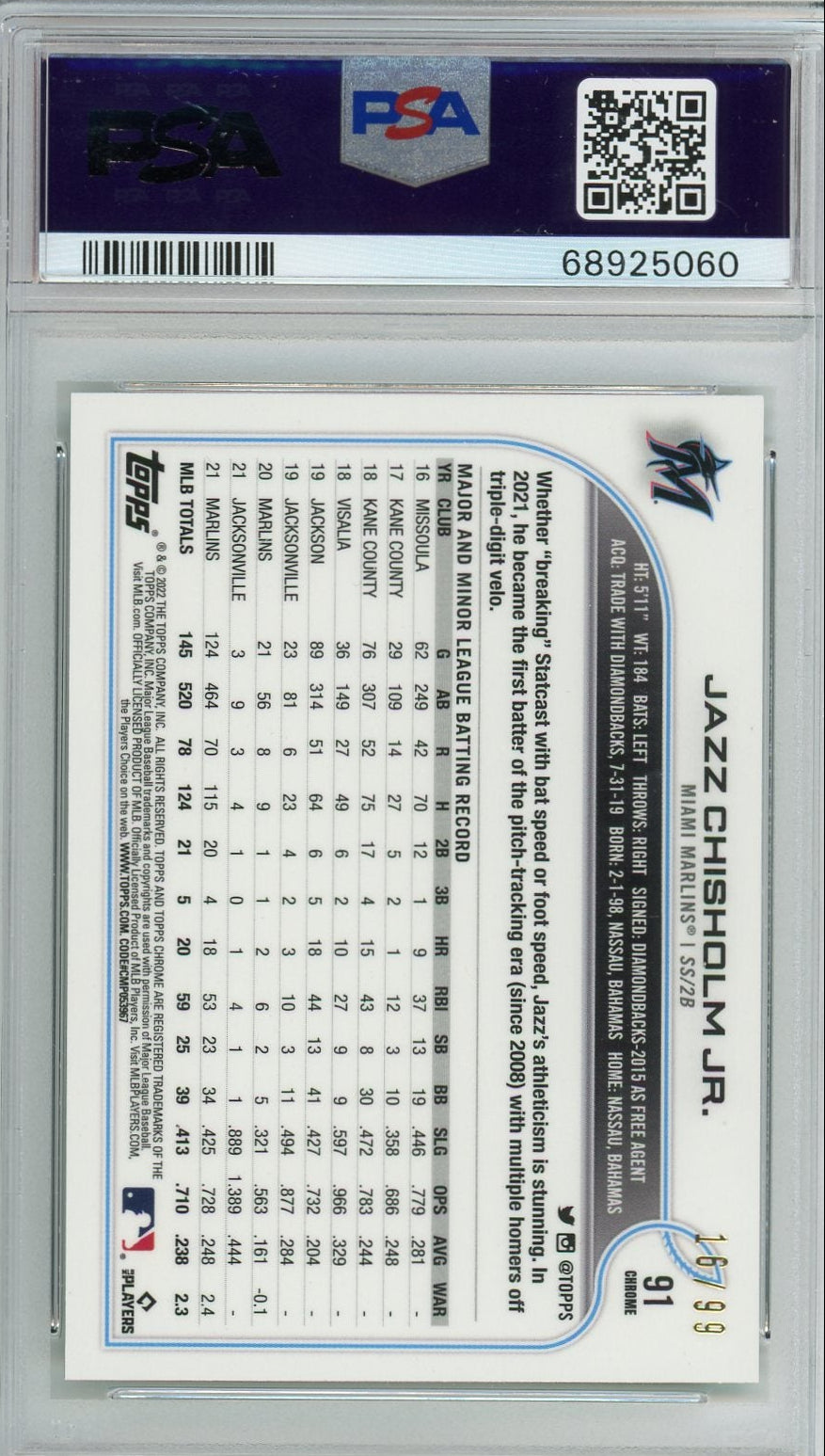 Jazz Chisholm Jr. 2022 Topps Chrome Green Wave Refractor #'d 16/99 PSA 10