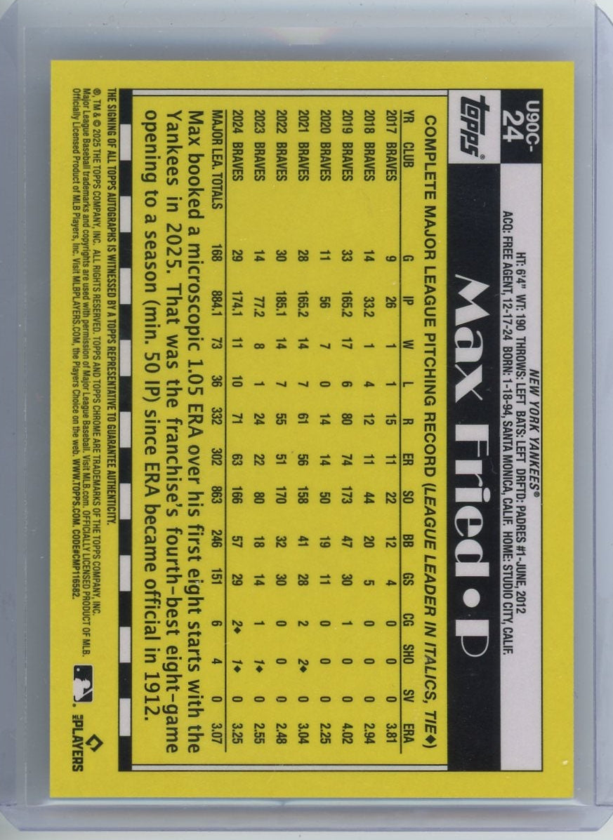 Max Fried 2025 Topps Update Series 1990 35th Anniversary Mojo Black Refractor Auto #'d 06/10